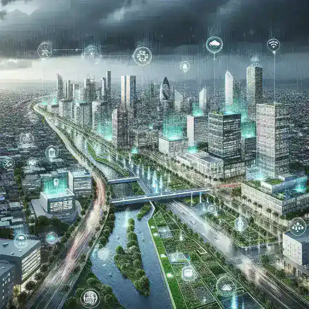 "Imagem de um sistema de drenagem urbano moderno, exemplificando como a tecnologia pode ajudar a controlar cheias urbanas, com tubulações e sensores de monitoramento em ação."
