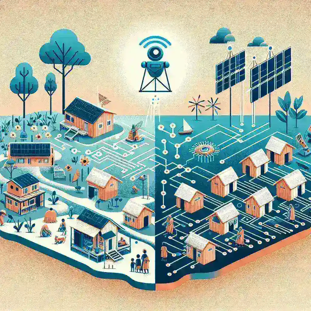 "Imagem representativa da inclusão digital, mostrando uma comunidade remota utilizando tecnologia de inteligência artificial para melhorar a conectividade e acesso à informação."