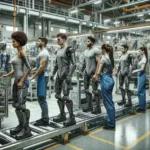 "Trabalhador utilizando exoesqueleto robótico em fábrica, demonstrando como a tecnologia auxilia na redução de esforço físico e melhora a eficiência industrial."