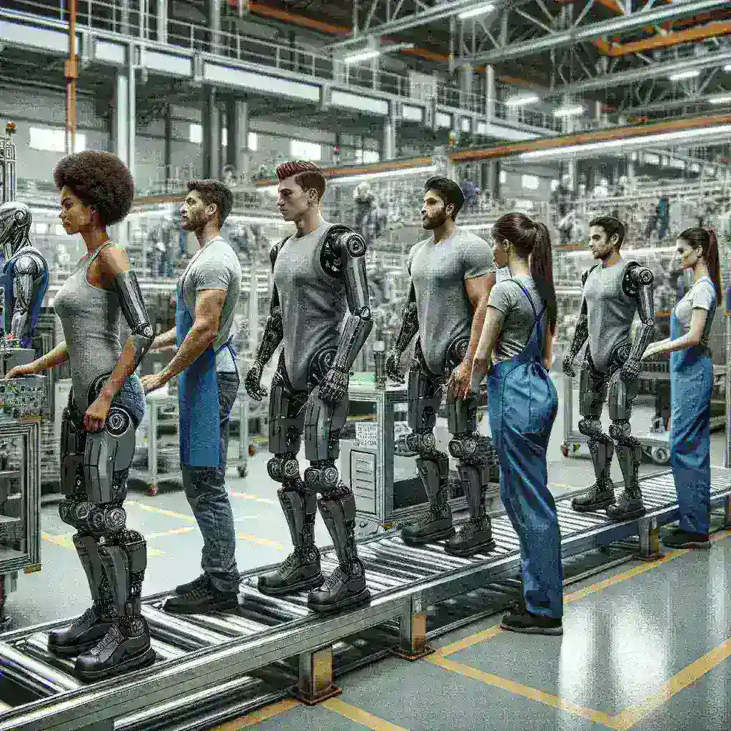 "Trabalhador utilizando exoesqueleto robótico em fábrica, demonstrando como a tecnologia auxilia na redução de esforço físico e melhora a eficiência industrial."