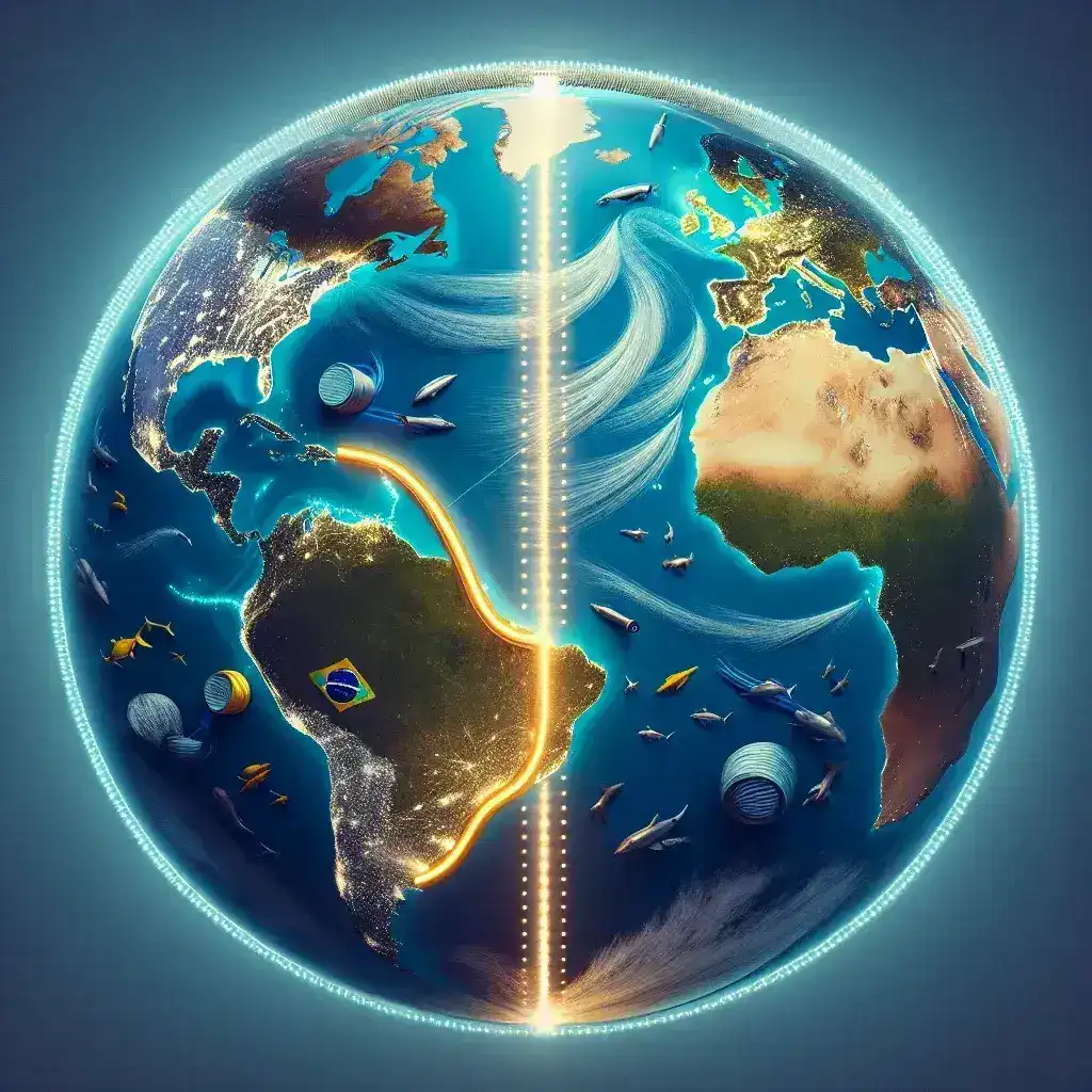 "Imagem do novo cabo submarino que conecta o Brasil à Europa, destacando sua capacidade impressionante de 20 Tbps, simbolizando avanços em conectividade e tecnologia de comunicação."