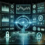 "Imagem ilustrativa mostrando a aplicação de inteligência artificial no mercado financeiro, destacando a detecção de fraudes em tempo real com gráficos e algoritmos em tela."