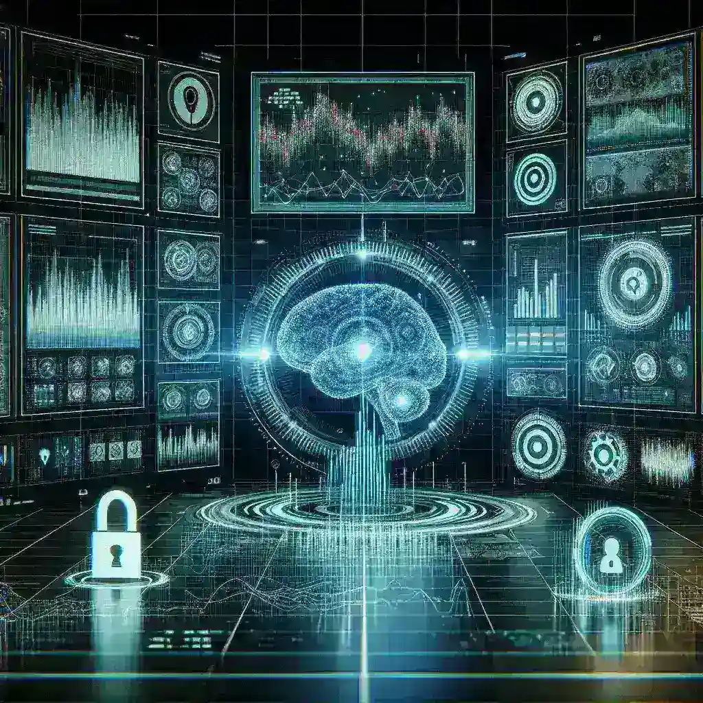 "Imagem ilustrativa mostrando a aplicação de inteligência artificial no mercado financeiro, destacando a detecção de fraudes em tempo real com gráficos e algoritmos em tela."