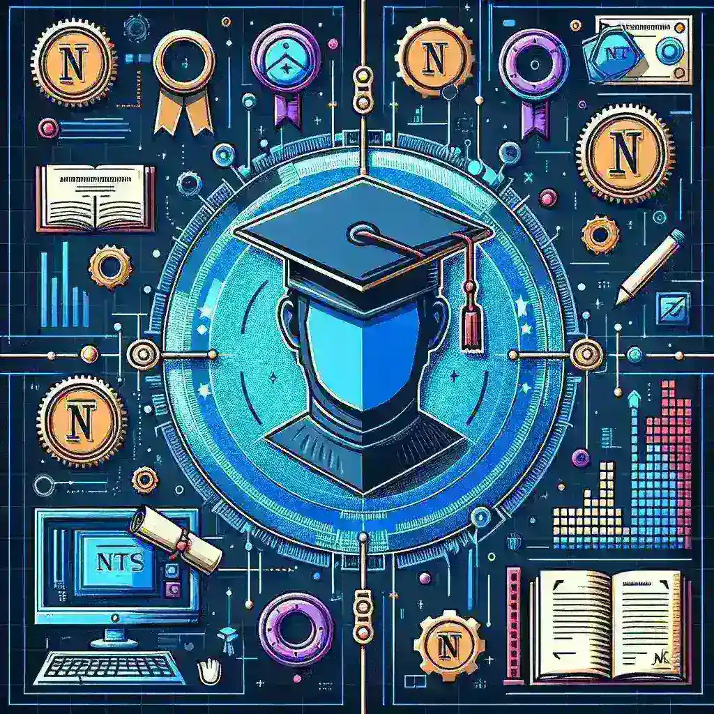 "Certificados acadêmicos digitais baseados em NFTs exibidos em uma tela de computador, representando a crescente migração do mercado de NFTs para a validação educacional."