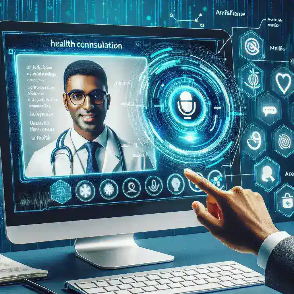"Imagem ilustrativa de uma plataforma de saúde digital que oferece consultas médicas com tradução em tempo real via inteligência artificial, destacando interações entre médico e paciente com gráficos de tecnologia."